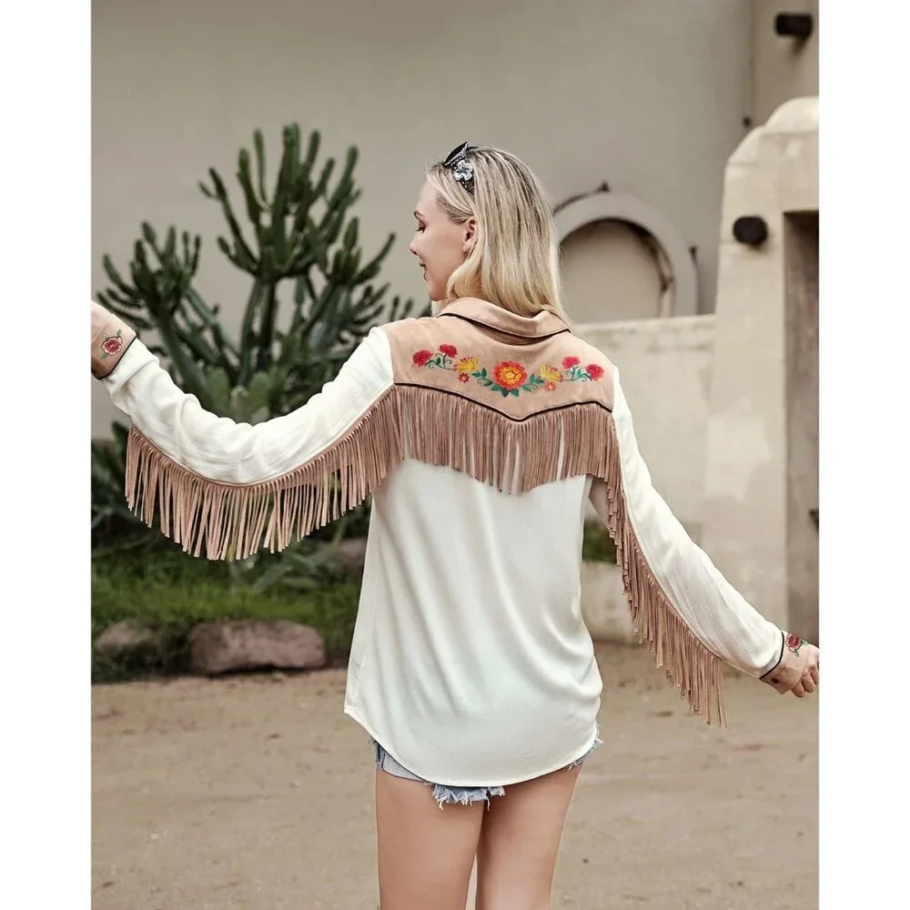 Women's White Fringe Long Sleeve Floral Embroidered Button Down Blouse Shirts - Picture 4 of 5